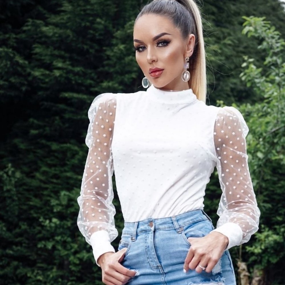 White Polka Dot Long Sheer Sleeve High Neck Top - Picture 1 of 5